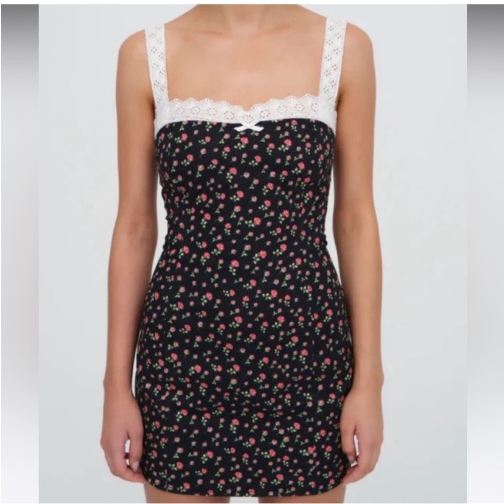 FOR LOVE & LEMONS Camille Floral and Lace Mini Dress Boho Cottagecore Black Sz M - Picture 3 of 11